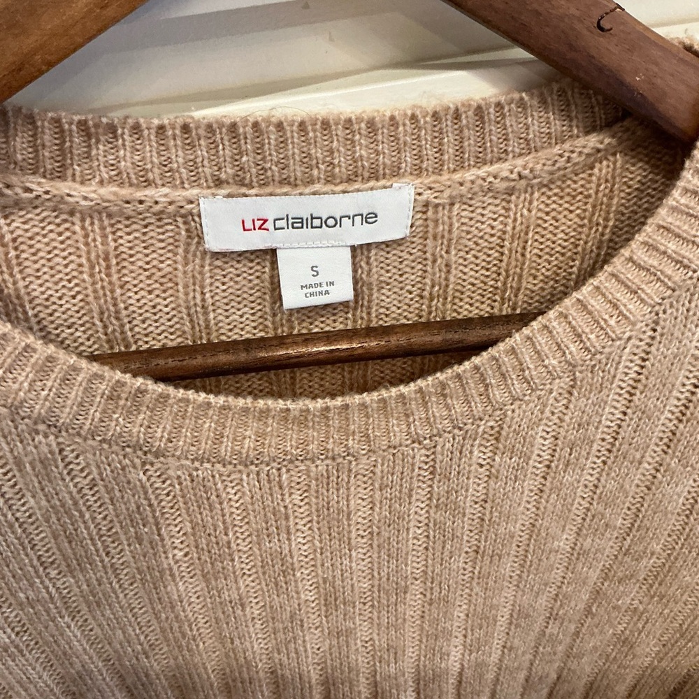 Liz Claiborne Tan Ribbed Knit Sweater with pretty pearl embellished sleeves - Picture 5 of 7